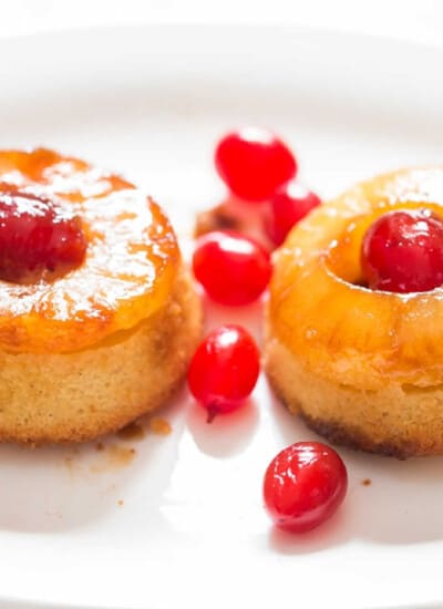 close up view of upside-down mini pineapple cakes