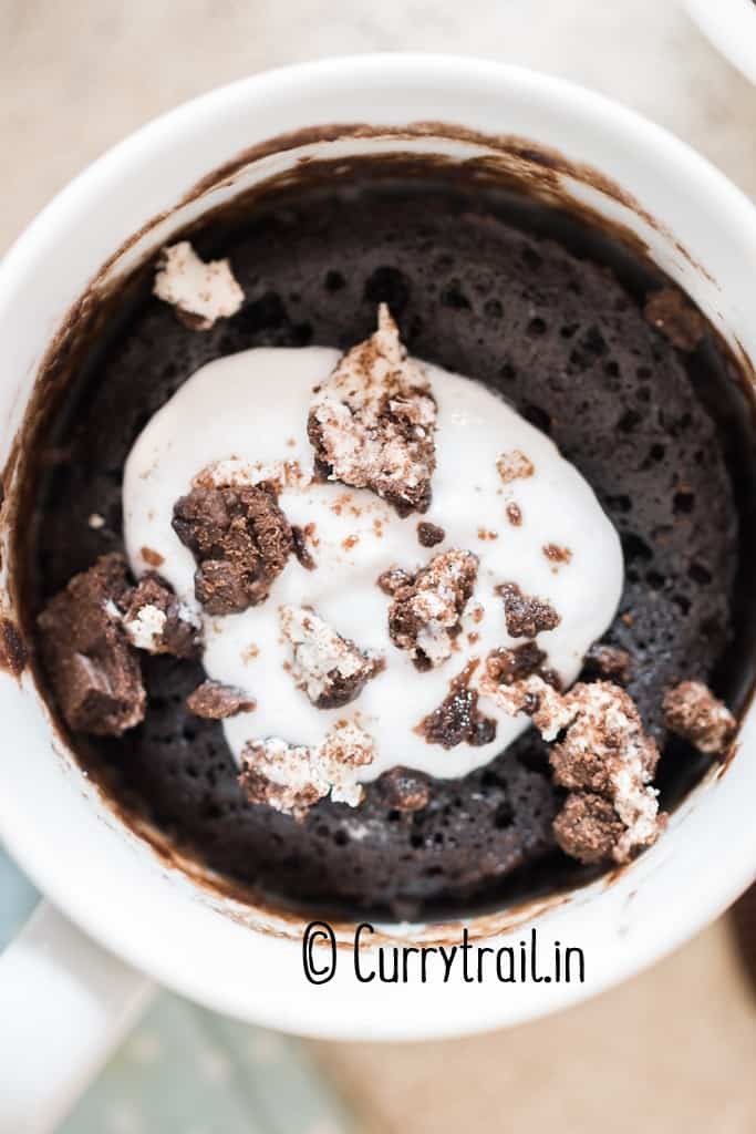 close up of moist, fluffy mug cake made of oreo and milk