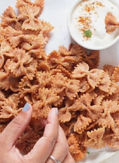 crispy pasta chips with dipping sauce