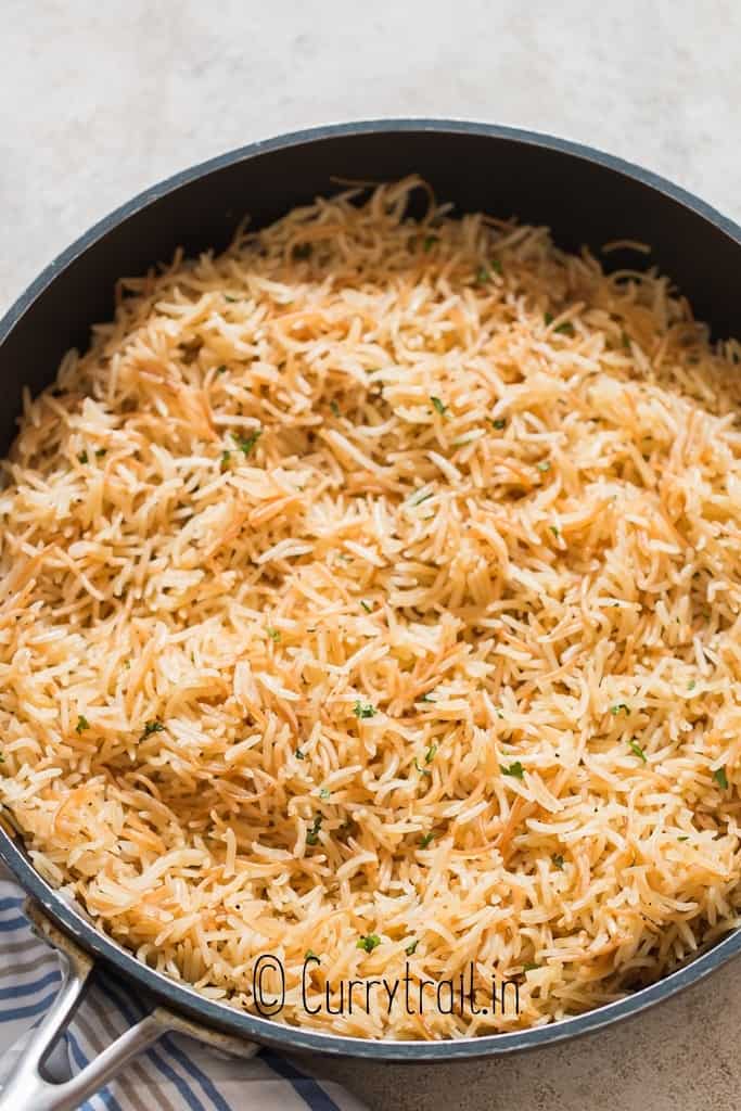 plain rice pilaf cooked perfectly in skillet.