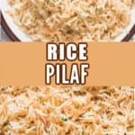 rice pilaf in serving bowls with text