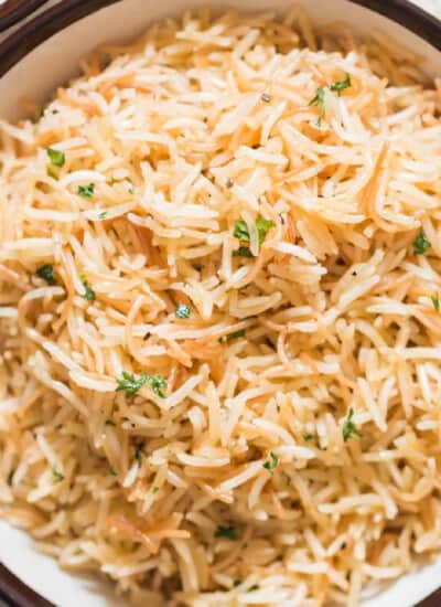 plain pilaf with long grain rice in serving bowl