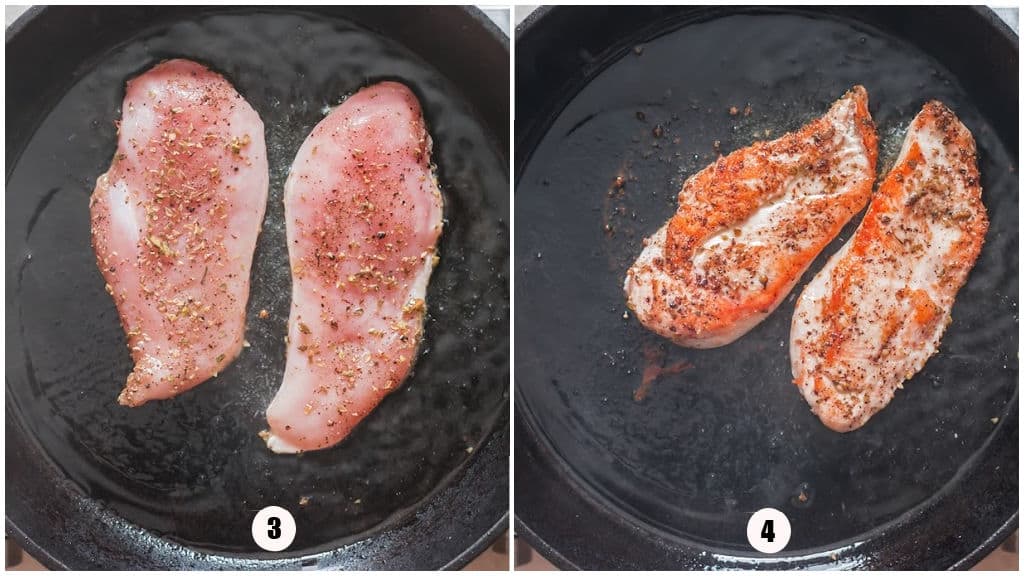 searing seasoned chicken breasts in a cast iron pan.