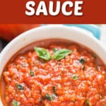 spicy Italian tomato sauce in a bowl with text.