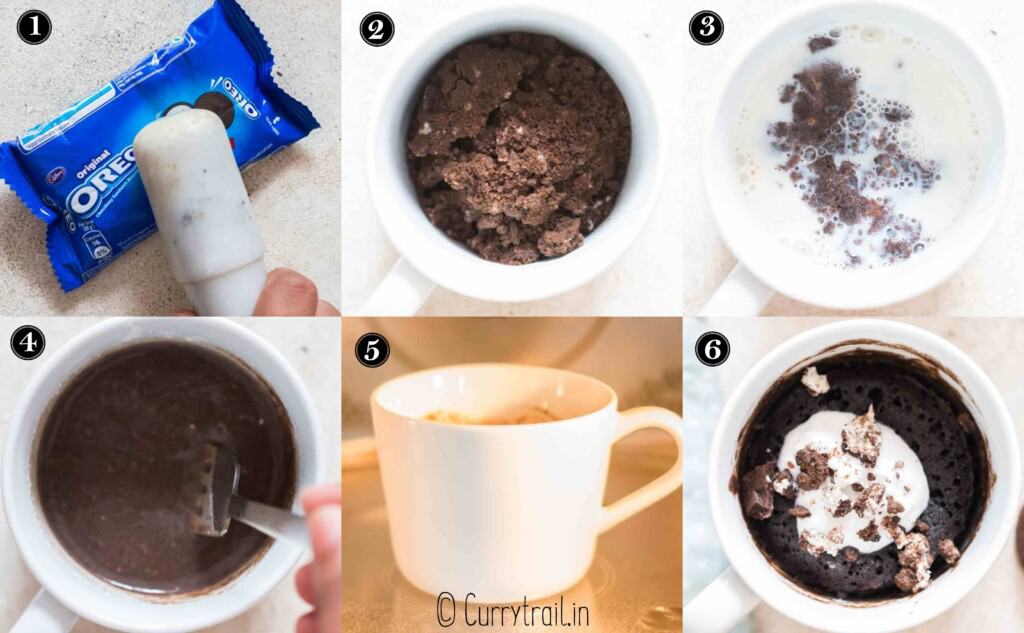 step-by-step picture collage of how to make oreo mug cake