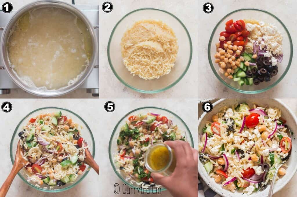 step by step picture collage of orzo pasta salad