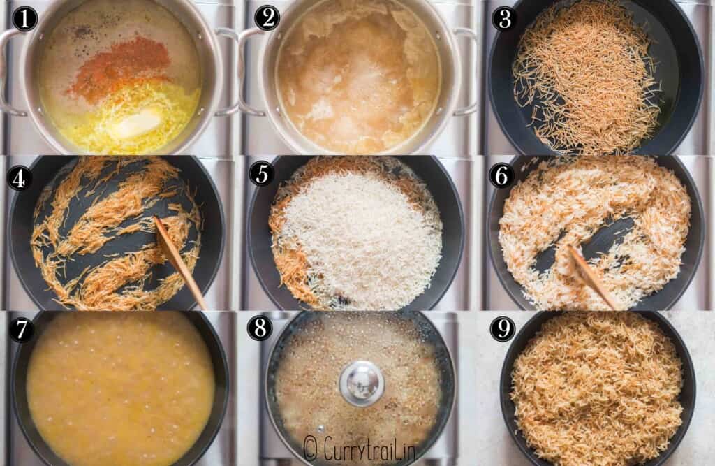 step by step pictorial collage of how to make rice pilaf