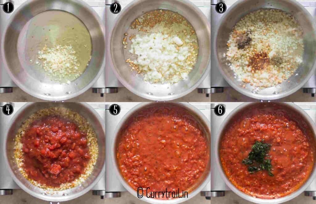 step by step picture collage of homemade marinara sauce