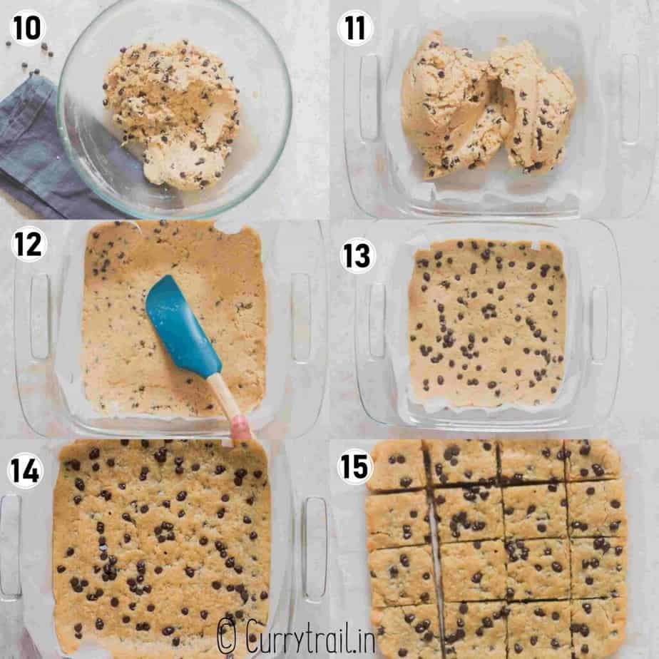 step by step picture collage of how to make chocolate chip cookie bars