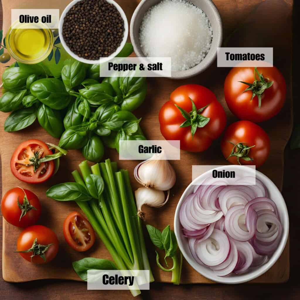 all ingredients for tomato basil soup on a wooden board.