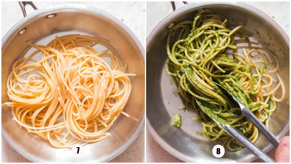 tossing spaghetti with pesto sauce in a skillet.
