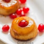close up view of upside-down mini pineapple cakes