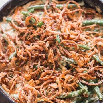 green beans cooked in creamy gravy with crispy onions on top