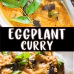 south Indian eggplant curry served with rice with text