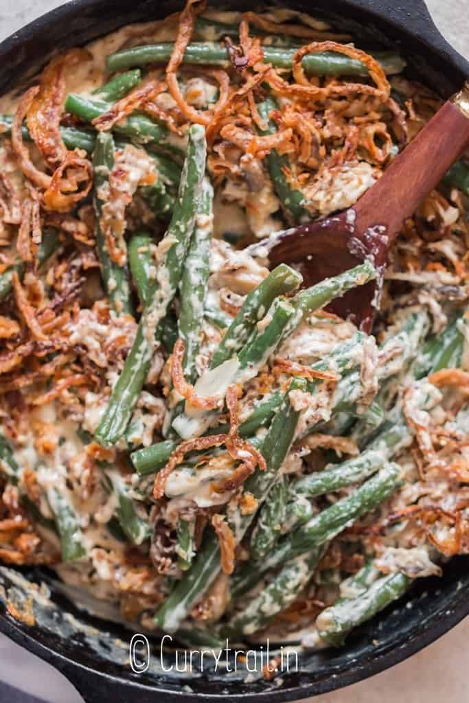 green bean casserole cooked in skillet