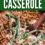 green bean casserole in skillet with text