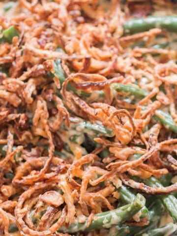 close up view of easy green bean casserole cooked in skillet