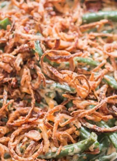 close up view of easy green bean casserole cooked in skillet