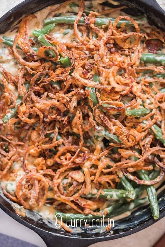 green bean casserole cooked in skillet
