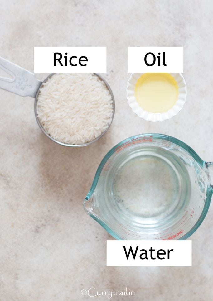 all ingredients for steamed rice are arranged on white board.