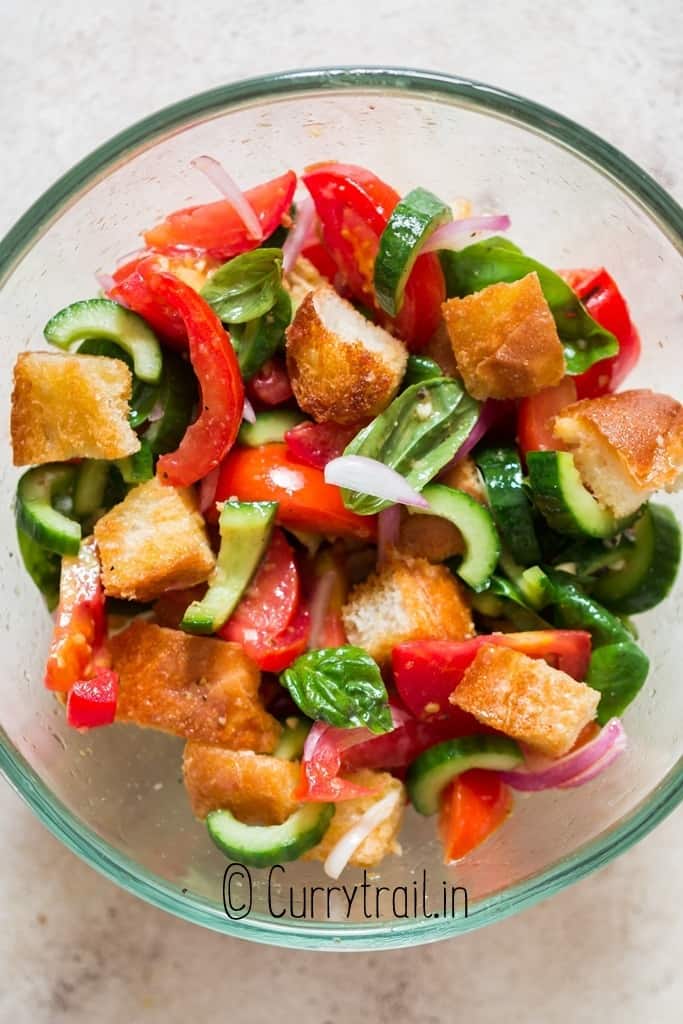 Italian bread salad in salad bowl