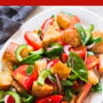 Panzanella Italian bread salad in plate with text