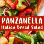 Panzanella Italian bread salad in plate with text