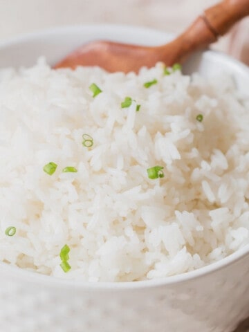 close up view of steamed rice in a bowl.