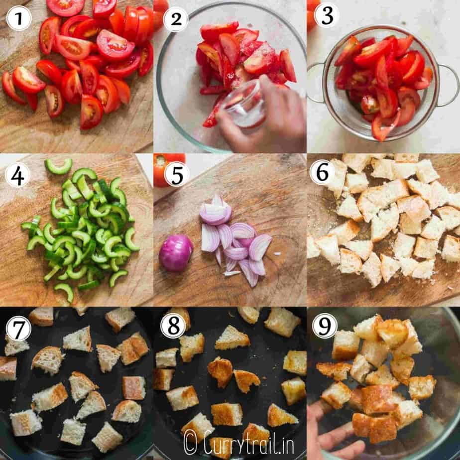 step-by-step picture collage of making Italian bread salad.