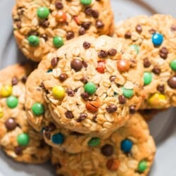 giant M&M studded monster cookies on plate