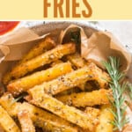 crispy fries made of polenta in bowl with ketchup with text