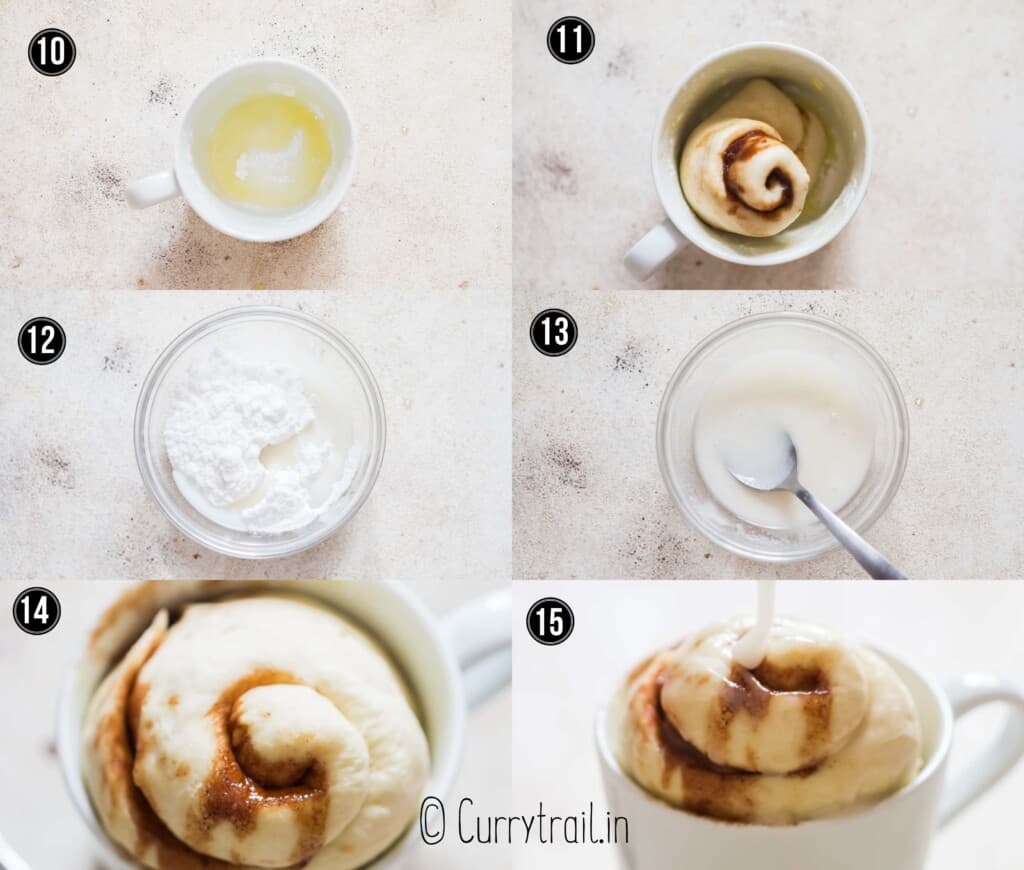 step by step picture collage of microwave mug cinnamon roll