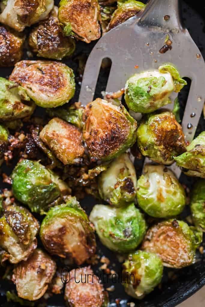 sauteed brussel sprouts in cast iron skillet