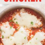 chicken with mozzarella in skillet with text