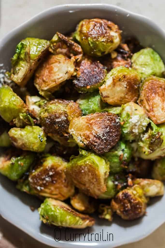 sauteed brussel sprouts in cast iron skillet