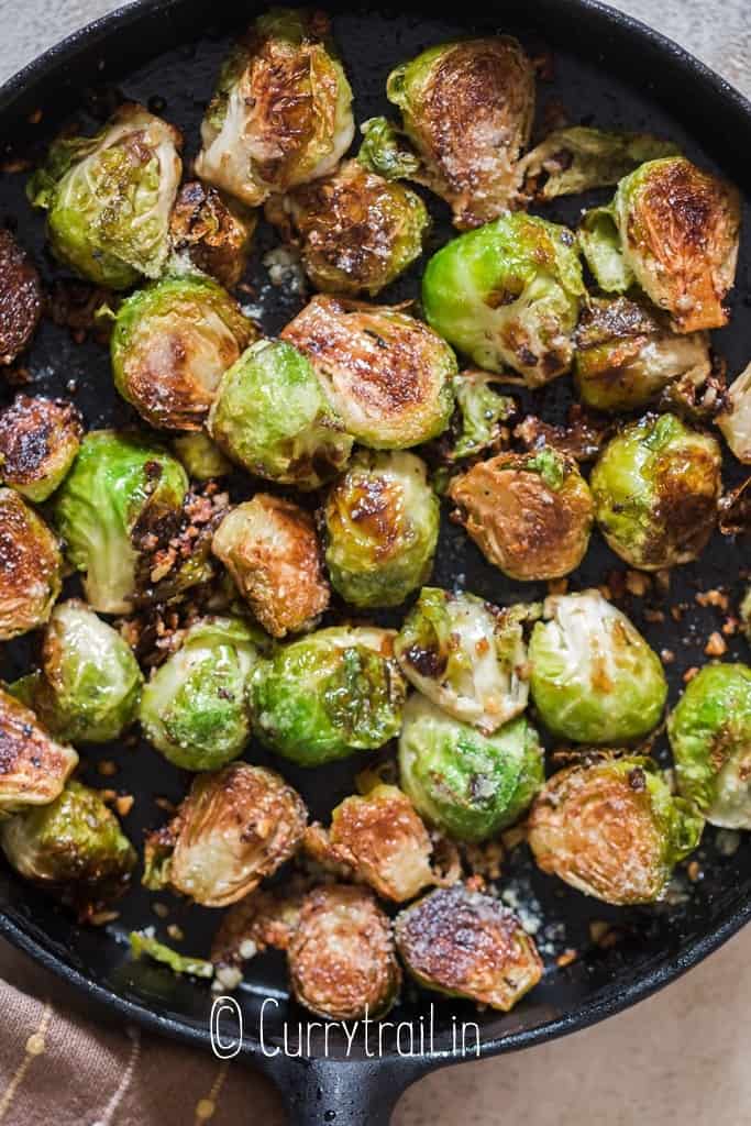 sauteed brussel sprouts in cast iron skillet