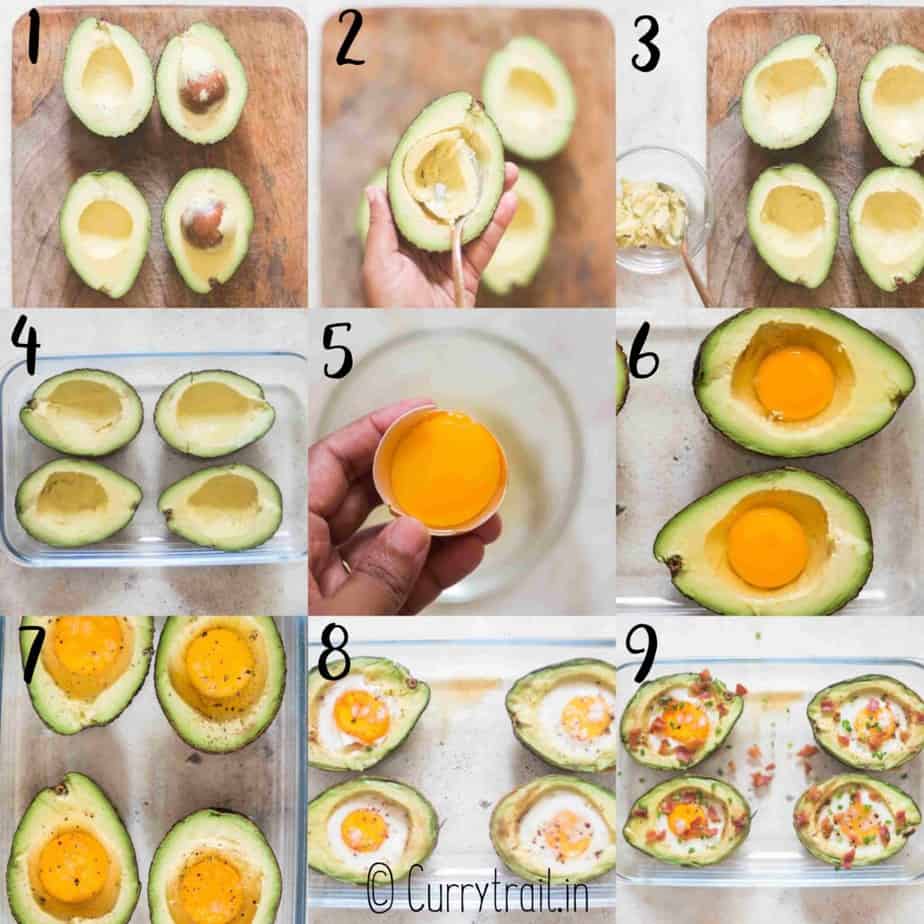 step by step picture collage of avocado egg bake boats