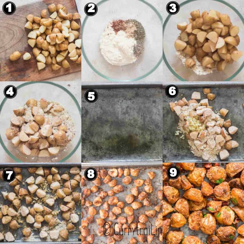 step by step picture collage on how to make roasted parmesan potatoes