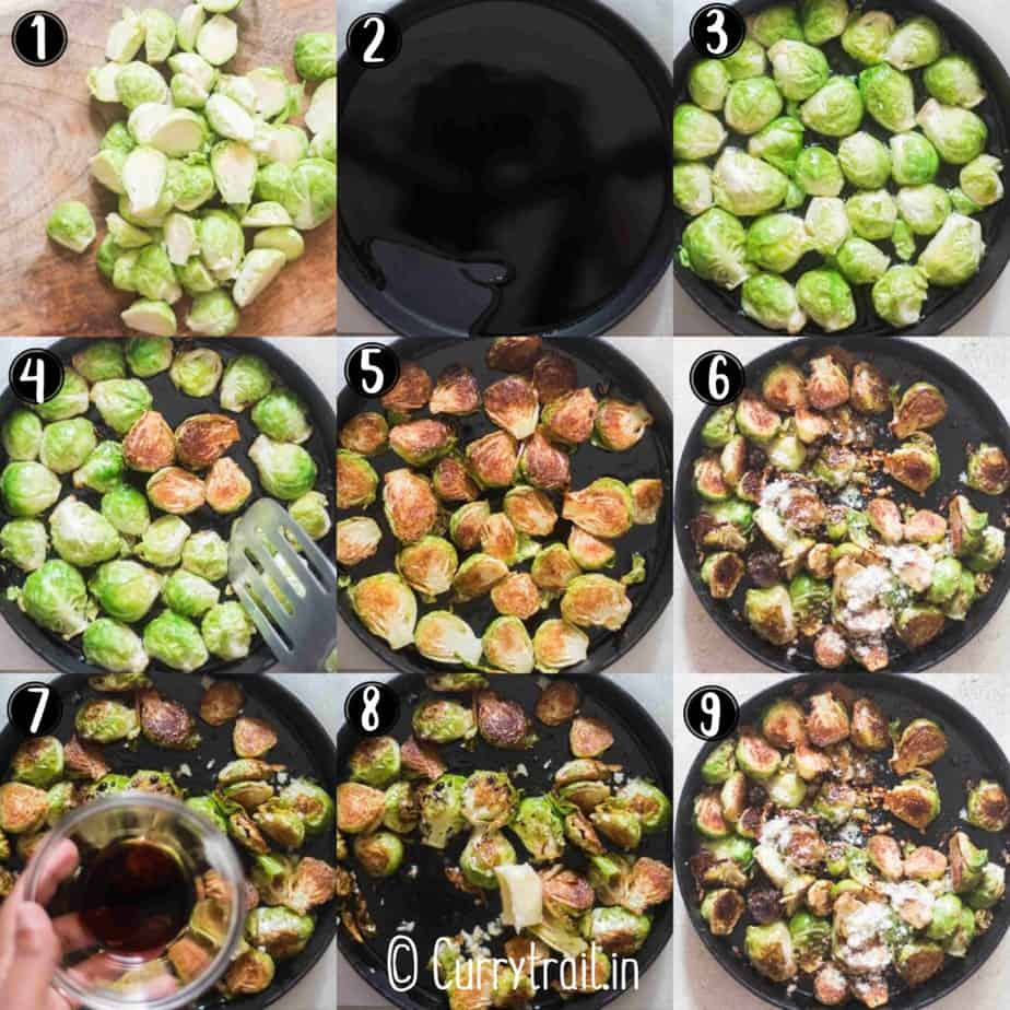 step by step picture collage of sauteed brussel sprouts