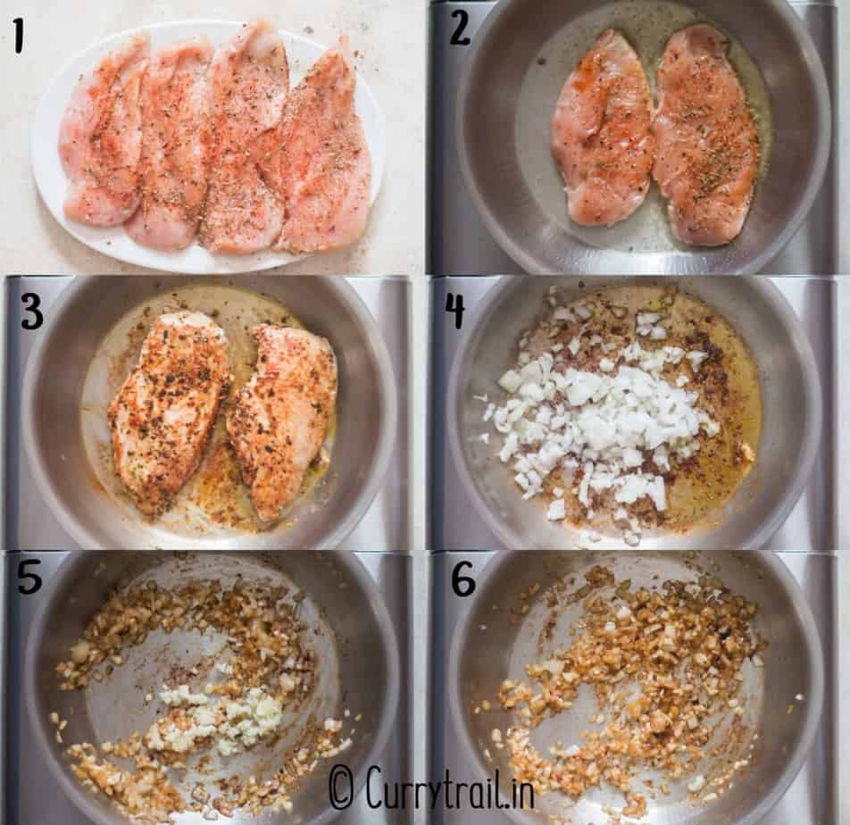 step by step picture collage of chicken mozzarella bake