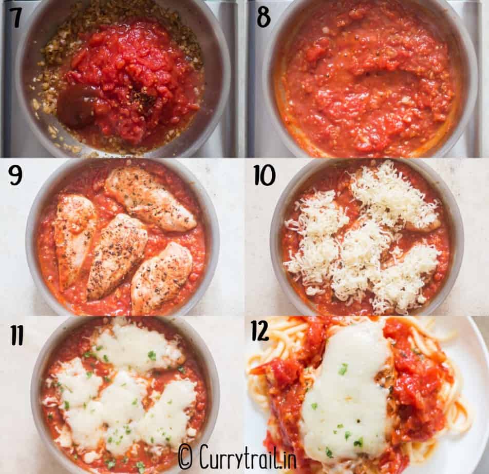 step by step picture collage of chicken mozzarella bake