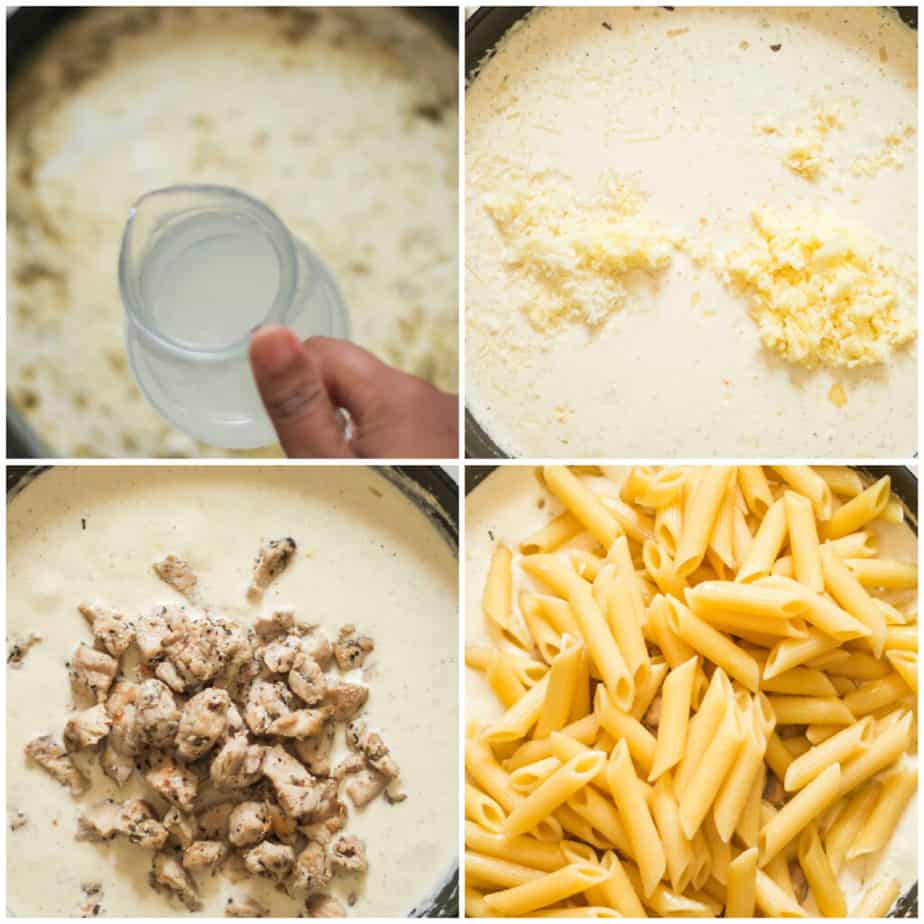 step by step picture collage of creamy chicken bacon pasta