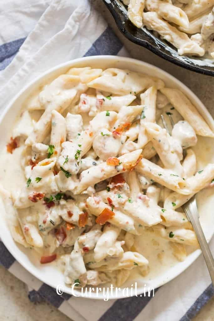 chicken bacon ranch pasta in white plate