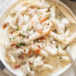 creamy chicken bacon ranch pasta in plate