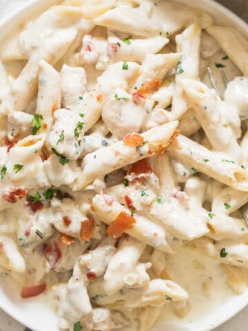 creamy chicken bacon ranch pasta in plate