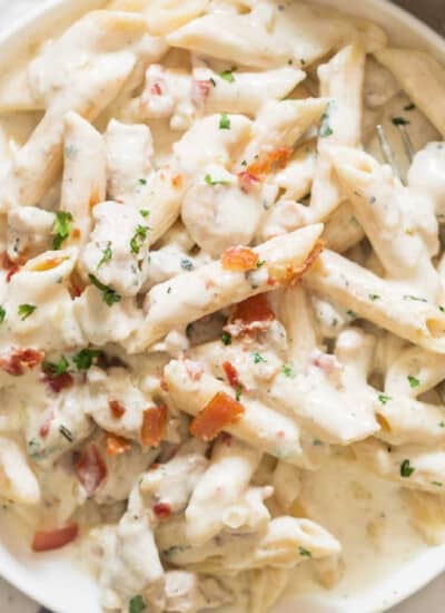 creamy chicken bacon ranch pasta in plate