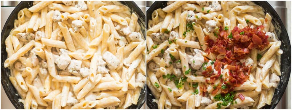 step by step picture collage of creamy chicken bacon pasta