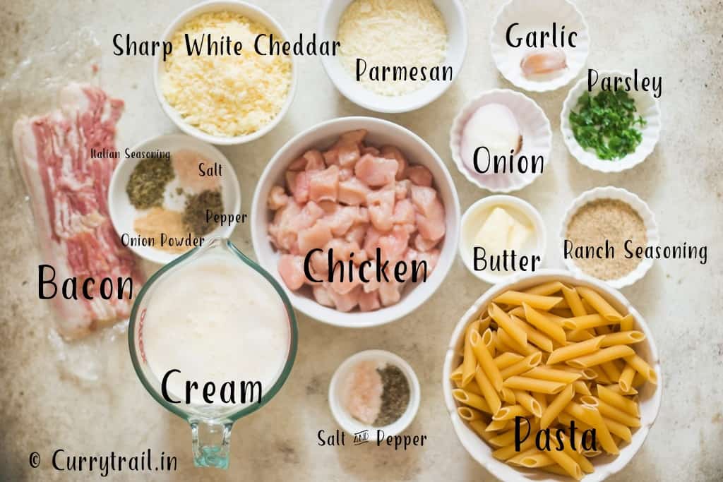 all ingredients for creamy chicken bacon ranch pasta