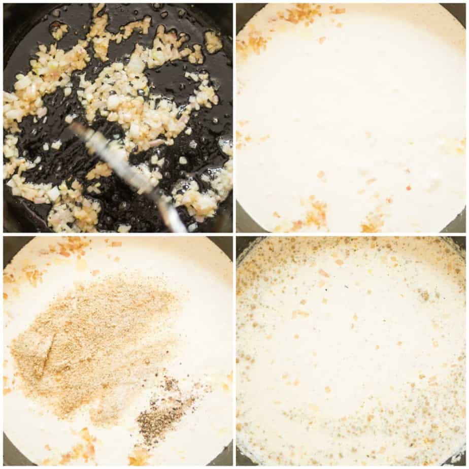 step by step picture collage of creamy chicken bacon pasta