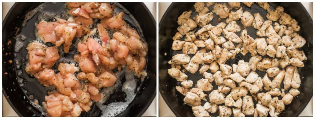 step by step picture collage of creamy chicken bacon pasta